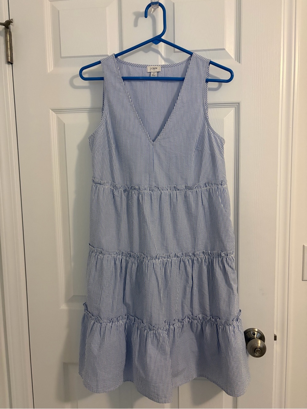J. Crew Blue and White Striped Sleeveless Seersucker Dress